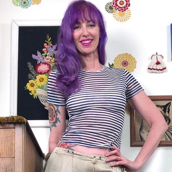 Vintage Navy & White Stripe Mesh Baby Tee, 1990s Calvin Klein Cropped T-Shirt S - Picture 1 of 13